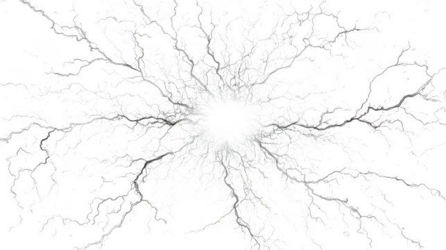 A detailed depiction of branching electrical lightning strikes emanating from a bright central point against a stark transparent background - Powered by Adobe