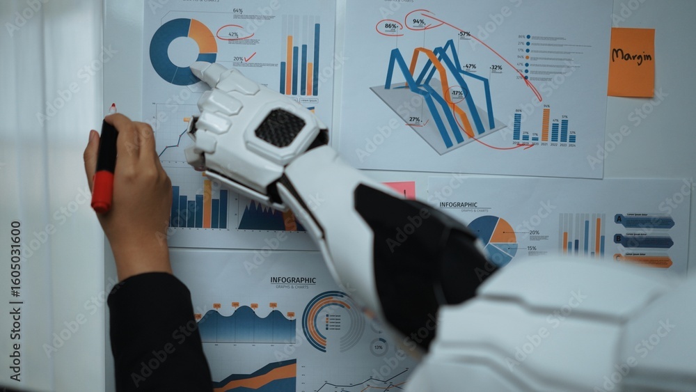 Poster a robotic arm interacts with business charts and graphs in a modern office setting, illustrating dat
