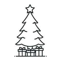 Fototapeta premium Minimalist christmas tree with star and gifts outline. Vector illustration