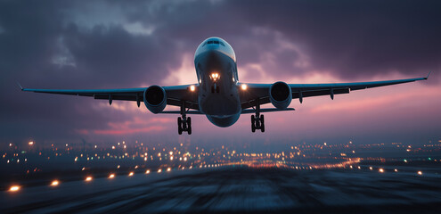 A commercial airplane taking off from an airport runway at sunset, the tarmac and the city in the background. The plane is seen against a dramatic sky with clouds, 
