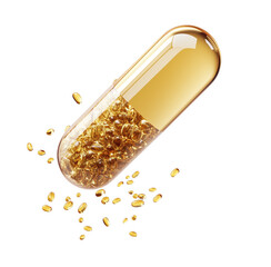 Golden capsule with oil capsules and liquid filling representing health and medication transparent