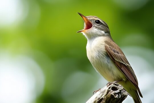 Redbreasted flycatcher singing on a branch in a lush green setting during spring, Red-breasted flycatcher (Ficedula parva) call, bird singing