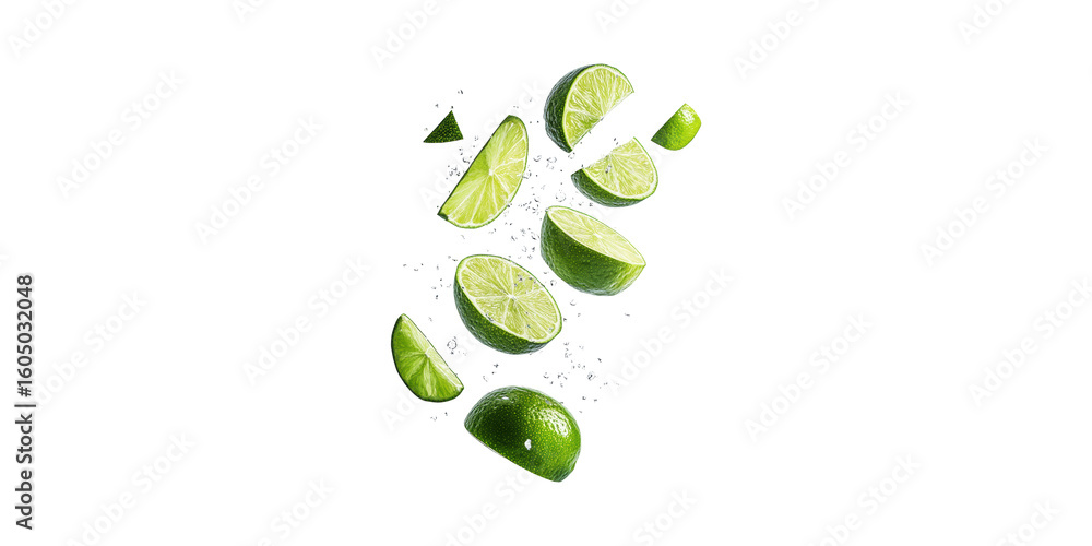 Poster fresh lime slices with water splash. refreshing citrus and hydration concept isolated on transparent