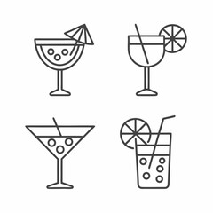 Cocktail Drink Icon Set Minimal Line Art Beverage Glass Collection for Summer Bar Menu Designs.