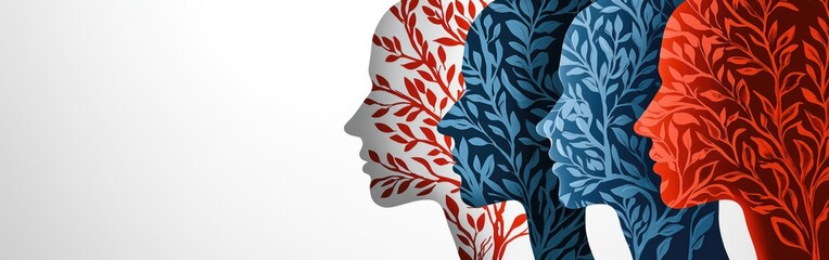 A striking artwork depicting human profiles intertwined with vibrant tree branches and leaves, symbolizing growth and interconnectedness.