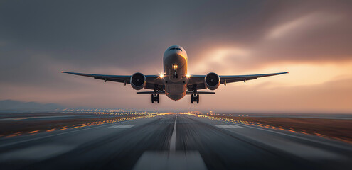 A commercial airplane taking off from an airport runway at sunset, the tarmac and the city in the background. The plane is seen against a dramatic sky with clouds, 