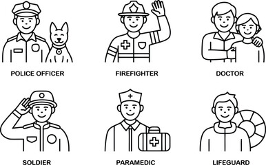Essential Community Helpers Line Art Icons Set Depicting Vital Public Service Roles