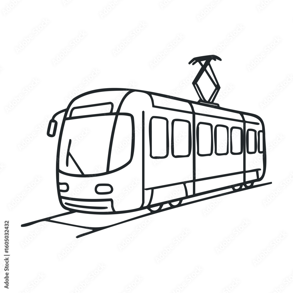 Poster outline of modern train on tracks with overhead lines in simple style. vector illustration