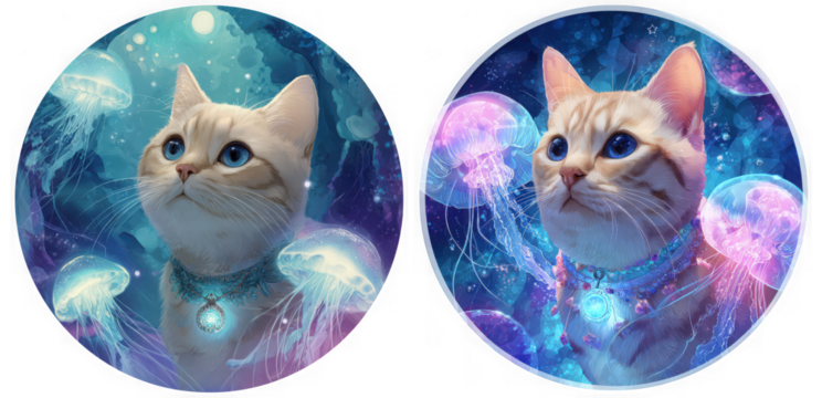 A whimsical digital art portrait of a cute cat with striking blue eyes surrounded by glowing jellyfish in a magical underwater galaxy setting isolated on transparent background