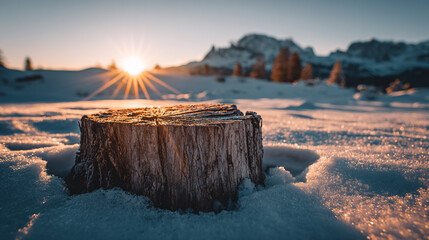 A weathered tree stump sits in the snow during a golden hour sunset with mountains visible in the background
