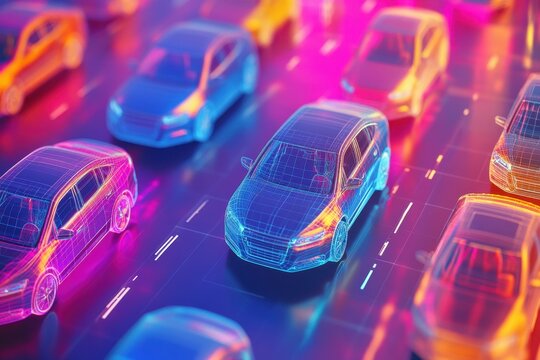 Data processing of cars in a digital environment with vibrant colors and intricate designs, data processing over cars