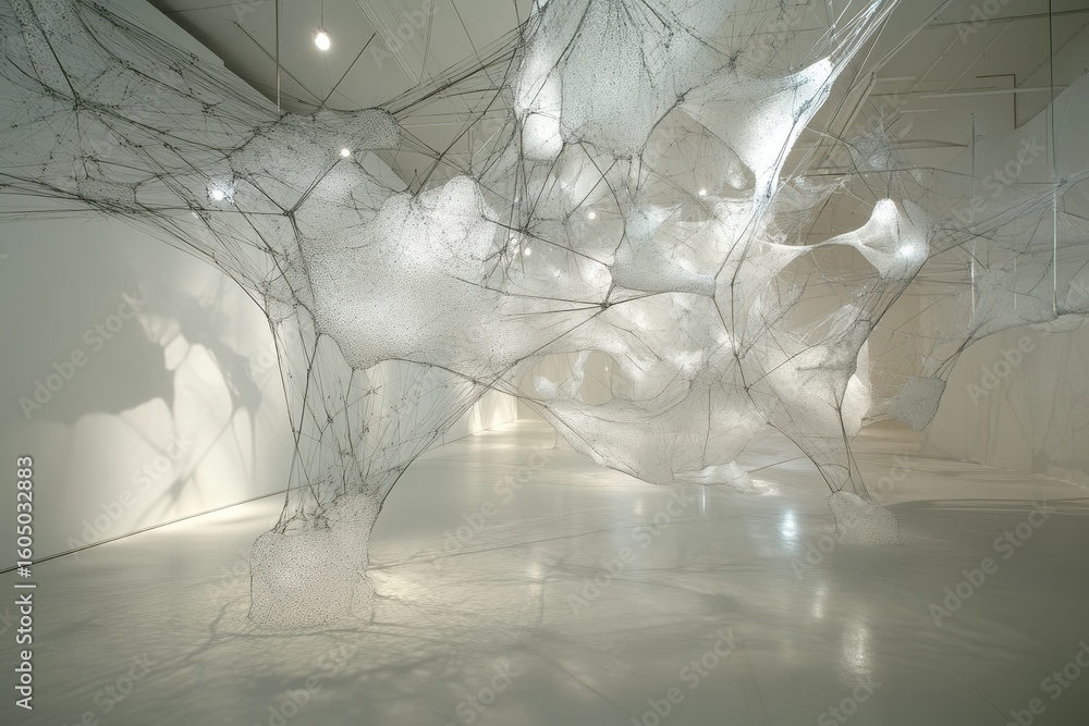 Poster exploring a network of connections created with moving shapes in an art installation, network of con