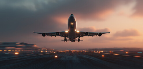 A commercial airplane taking off from an airport runway at sunset, the tarmac and the city in the background. The plane is seen against a dramatic sky with clouds, 