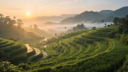 Fototapeta premium Scenic photo of rice terraces at sunrise, golden light illuminating the lush green landscape, mist in the background, tranquil rural scene, no people. 