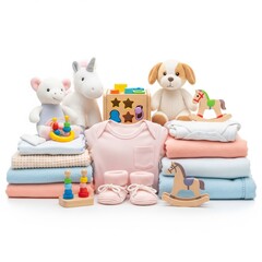 Obraz premium A neatly arranged collection of children's clothes, soft plush animals, eco-friendly wooden toys, and warm blankets in pastel shades, all for charity on a pure white background