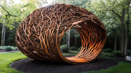 An artistic tree carving made of wood, full of natural details, placed thoughtfully in an outdoor garden setting.
