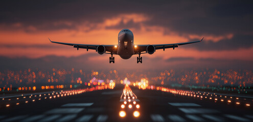 A commercial airplane taking off from an airport runway at sunset, the tarmac and the city in the background. The plane is seen against a dramatic sky with clouds, 
