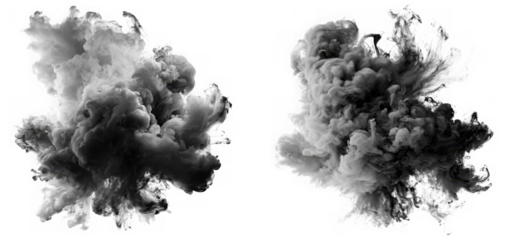 Two abstract formations of dark grey and black smoke or fog creating a dramatic and textured visual effect isolated on transparent background