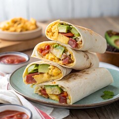 Delicious breakfast burritos stacked on plate healthy food fresh ingredients high resolution photo