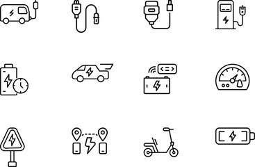 Fototapeta premium Minimal EV and Smart Transport Icons – Electric Car, Charging Station, Battery, E-Bike Line Vectors