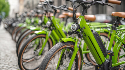 A line of bright green electric bicycles parked on a city street, showcasing sustainable and convenient urban mobility. Ideal for rental services, eco-friendly commuting, and exploring cityscapes