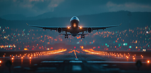 A commercial airplane taking off from an airport runway at sunset, the tarmac and the city in the background. The plane is seen against a dramatic sky with clouds, 