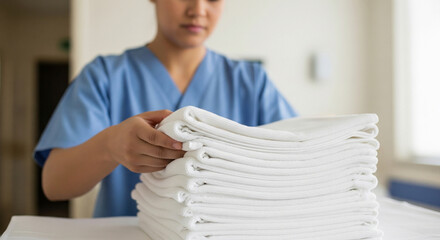Nurse folds a stack of white towels into neat folds. Hospital staff maintains hygiene and cleanliness. Medical worker carefully handles linen, close-up