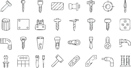 Hardware Screws, Bolts & Fasteners Line Icon Set &ndash; Precision Repair Vector Tools