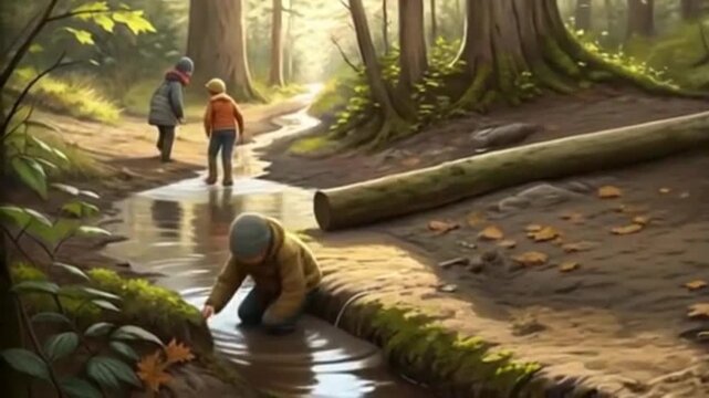 Children exploring a forest trail, climbing logs, collecting leaves, and playing in mud puddles