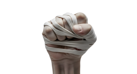 Tightly bound fist with white elastic bands, symbolizing struggle and restriction