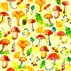 Seamless watercolor pattern, background with a picture of forest mushrooms, berries, autumn leaves, plants. lingonberry, cranberry, blueberry. Vintage illustration for a variety of designs.