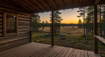Sunset Serenity: Rustic Cabin Porch View of Marshland Landscape, Golden Hour Glow: Log Cabin Porch Overlooking Peaceful Marshland at Dusk