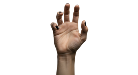 A single human hand with black nail polish reaching upwards against a dark background.