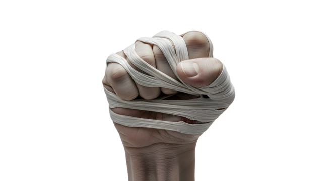 Tightly bound fist with white elastic bands, symbolizing struggle and restriction