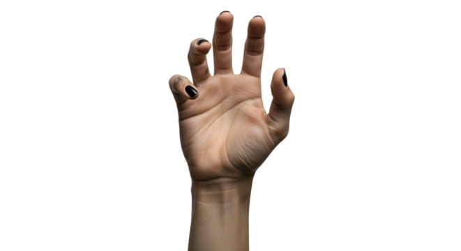 A single human hand with black nail polish reaching upwards against a dark background.