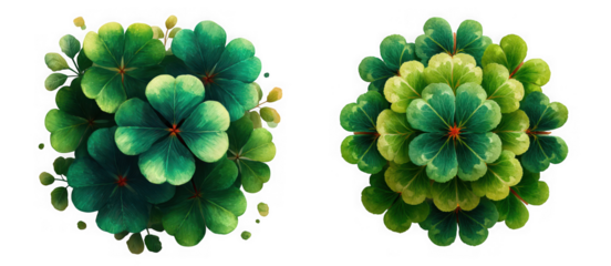 Two distinct arrangements of vibrant green clover leaves one with a more scattered appearance and the other forming a dense circular pattern isolated on transparent background