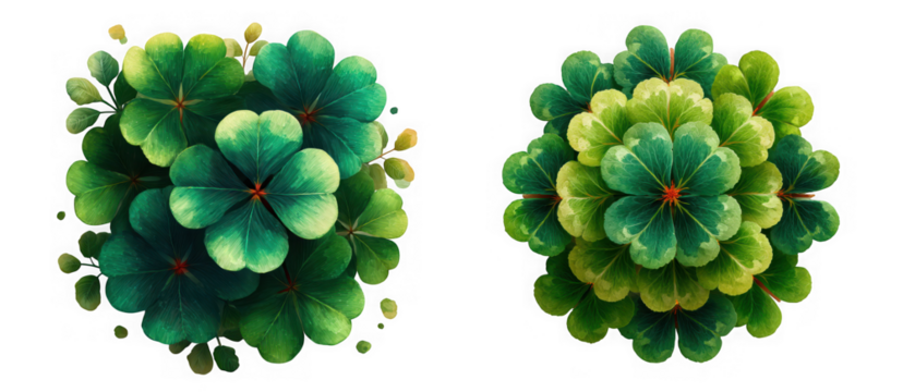 Two distinct arrangements of vibrant green clover leaves one with a more scattered appearance and the other forming a dense circular pattern isolated on transparent background