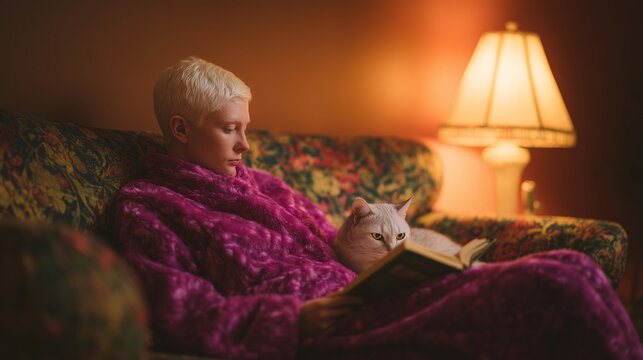 Non-Binary Person with Albinism Lounging with Cat on Velvet Couch under Cozy Lamp Light