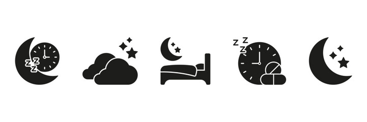 Sleep And Nighttime Routine Solid Icon Set. Sleep Cycle, Restful Sleep, And Bedtime Silhouette Symbol Collection. Moon, Stars, And Clock Imagery. Isolated Vector Illustration