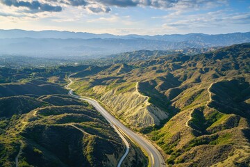 Fototapeta premium Aerial view capturing a section of the San Andreas Fault in California's rugged terrain, Aerial shot of a small section of the San Andreas Fault to the North West of Los Angeles