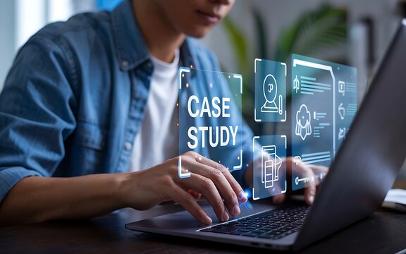 Person typing on laptop with case study infographic