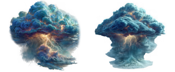 Two abstract representations of powerful explosions or energy bursts featuring blue and teal clouds with bright yellow lightning isolated on transparent background
