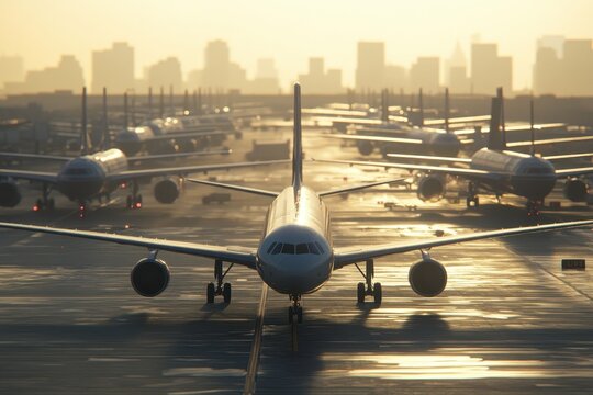 Grounded jumbo jets resting against a skyline at sunset in an airport, Camera panning across numerous Jumbo Jets grounded on a city airport runway due to a global pandemic