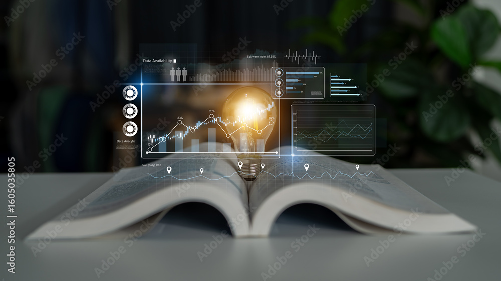 Poster high-tech data visualization dashboard for analytics and performance tracking, including data visual