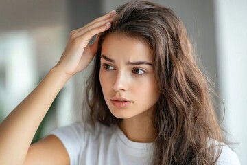 Naklejka premium Woman observing reflection with a focused expression in her home environment, Concentrated woman looking at mirror at home