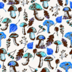 Seamless watercolor pattern, background with a picture of forest mushrooms, berries, autumn leaves, plants. lingonberry, cranberry, blueberry. Vintage illustration for a variety of designs.