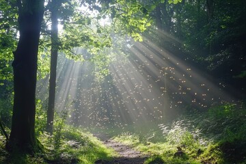 Mystic flicker of fireflies dancing in sunny woods at golden hour, Mystic flicker fireflies flying inside sunny woods with beams