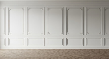 Room interior with white classic wall panel and wooden floor. Light background with luxury elegant molding frames. Realistic 3d vector illustration of home or office design with moulding and parquet