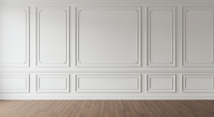Room interior with white classic wall panel and wooden floor. Light background with luxury elegant molding frames. Realistic 3d vector illustration of home or office design with moulding and parquet