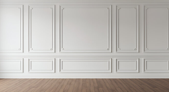 Room interior with white classic wall panel and wooden floor. Light background with luxury elegant molding frames. Realistic 3d vector illustration of home or office design with moulding and parquet